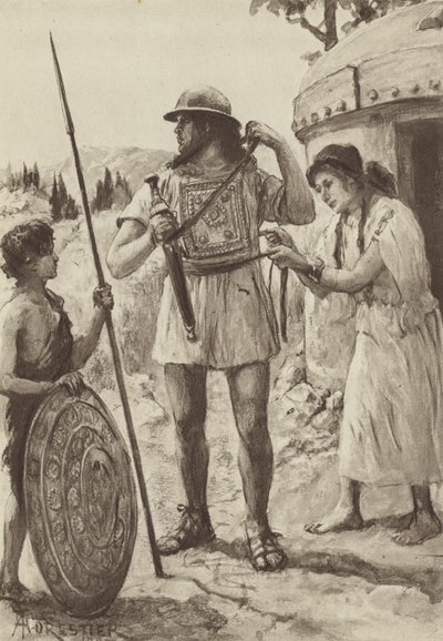 Savaş için silahlanan Tunç çağından bir İtalik Çiftçi (litho) by Amedee (after) Forestier