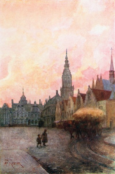 Grande Place ve Çan Kulesi, Furnes (renkli lito) by Amedee (after) Forestier