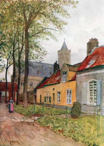 Hall and Vicarage, Nieuport (renkli taş baskı) by Amedee (after) Forestier