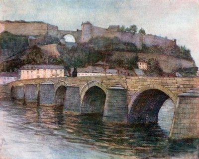Jambes Köprüsü ve Kalesi, Namur (renkli lito) by Amedee (after) Forestier