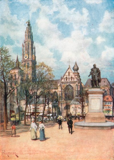 The Place Verte, Antwerp (renkli taş baskı) by Amedee (after) Forestier