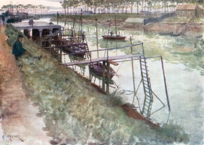 Rıhtım, Yılanbalığı Tekneleri ve İniş Aşamaları ile, Nieuport (renkli lito) by Amedee (after) Forestier