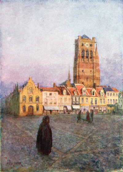 St Nicholas Kulesi, Furnes (renkli litografi) by Amedee (after) Forestier