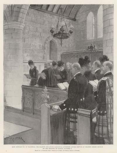 Kral Edward VII, Balmoral'da, Majesteleri ve Kraliçe Alexandra, 6 Ekim Pazar Sabahı Crathie Parish Kilisesi'ndeki İlahi Ayine katılıyor by Amedee Forestier