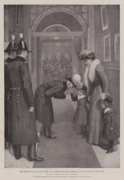 Lord Roberts Londra Otelinde, Başkomutan Leydi Settrington'ın Küçük Kızını selamlıyor by Amedee Forestier