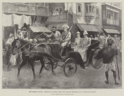 Bombay İsyanları, Hemşireleri Veba Hastanesinden Güvenli Bir Yere Kaldırıyor by Amedee Forestier