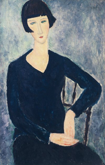 Saçaklı genç kadın veya mavi elbiseli genç oturan kadın by Amedeo Modigliani