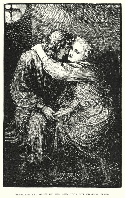 Masumlar yanına oturdu ve zincirli elini tuttu (gravür) by Amelia M. (attr.to) Bowerley or Bauerle