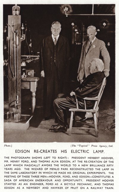 Thomas Edison, Başkan Herbert Hoover ve Henry Ford için elektrik ışığını yeniden yaratıyor (s/b fotoğraf) by American Photographer (after)