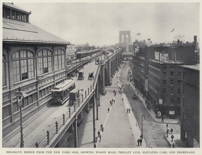 New York Yakasından Brooklyn Köprüsü, Wagon Yolu, Tramvay Hattı, Yükseltilmiş Arabalar ve Gezinti Yeri'ni gösteriyor (s/b fotoğraf) by American Photographer