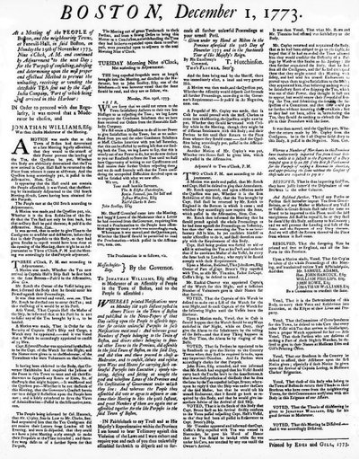 Boston Çay Partisi olaylarını detaylandıran bir Broadside gazetesi, Aralık 1773 (baskı) by American School
