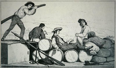 Mississippi Nehri üzerinde yük taşıyan bir düz tekne, 1840 dolayları (gravür) by American School