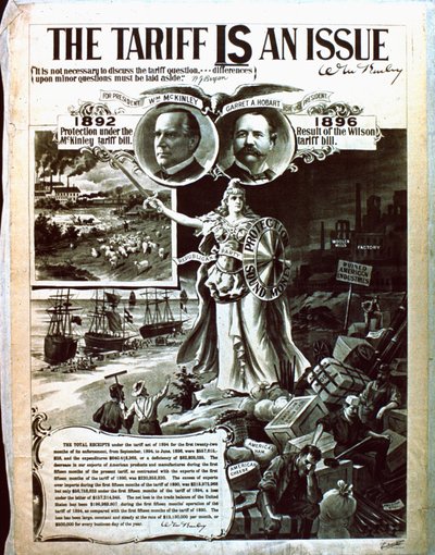 Wilsons üzerinde McKinleys vergi kanununu savunan bir siyasi poster by American School