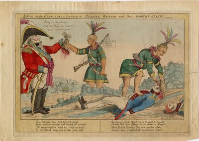 İnsancıl İngilizler ve onların değerli müttefikleri tarafından uygulanan sınırlarda bir sahne, c.1813 (el boyaması gravür) by American School