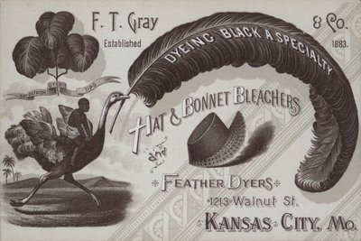 F T Grey, şapka ve bone tribünleri ve tüy boyacılar için reklam, Kansas City, Missouri, ABD (litho) by American School