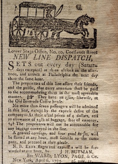 The New York Journal & Patriotic Register, 6 Nisan 1793, New Line Dispatch reklamı (basılı) by American School