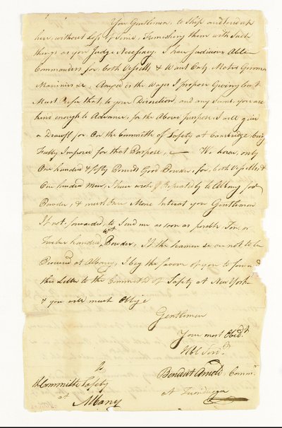 Arnold Benedict (1741-1801) General, Kıta Ordusu, Hain. Albany, Ticonderoga Güvenlik Komitesi#39;ne imzalanmış imza mektubu (quot;Benedict Arnold Commr. Ticonderoga#39;daquot;), 22 Mayıs 1775 (kağıt üzerinde kalem ve mürekkep) by American School