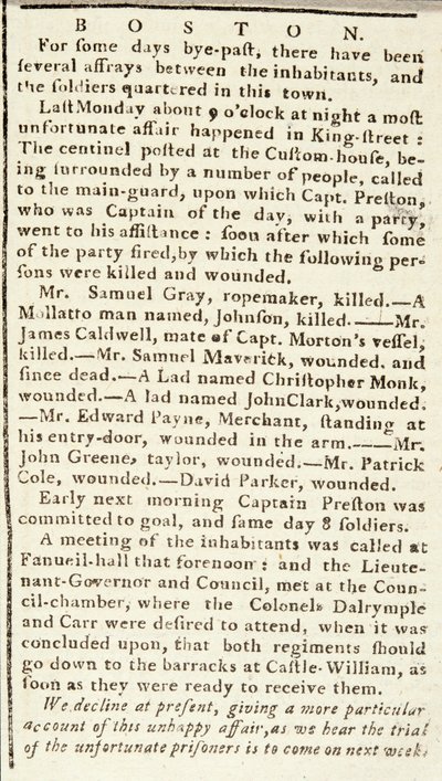 Boston Katliamı olaylarını detaylandıran Boston Chronicle makalesi, 5 Mart 1770 (gazete) by American School