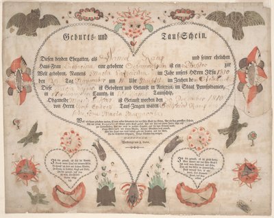 Maria Catharina Raup için Doğum ve Vaftiz Belgesi (Geburts und Taufschein) c.1806 (kağıt üzerine suluboya ile kalem ve mürekkep) by American School