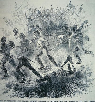 Birlik Ordusunun Kara Birlikleri, Petersburg Kuşatması (1864-65) sırasında Ele geçirilen Silahları getiriyor (litho) by American School