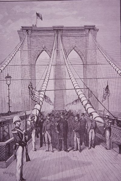 Brooklyn Köprüsü, Başkan Arthur açılış töreninde, 24 Mayıs 1883 (gravür) by American School