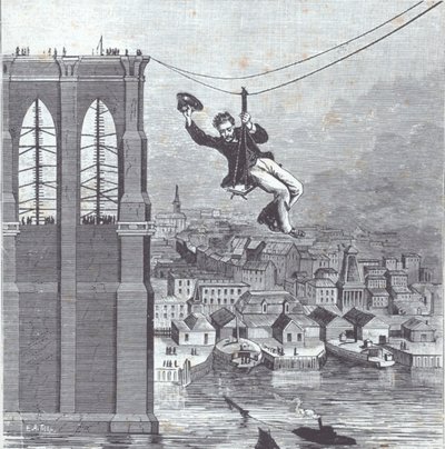 Brooklyn Köprüsü yapım aşamasında; İnşaat şefi Bay Farrington, 25 Ağustos 1876
