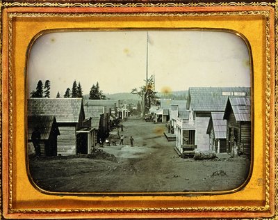 California Gold Mining Town, c.1852 (yarım plaka dagerreyotipi, kabartmalı deri çanta) by American School