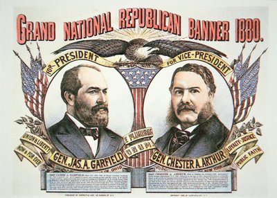 Başkan adayı James A. Garfield (1831-81) ve koşu arkadaşı Chester A. Arthur (1829-86) 1880 (renkli taş) için kampanya afişi by American School
