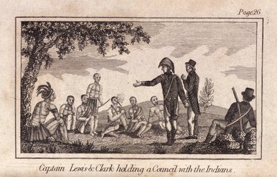 Kaptan Lewis & Clarke Kızılderililerle bir Konsey düzenliyor, pub. 1812 (gravür) by American School