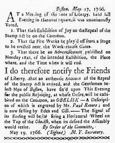 19 Mayıs 1766 tarihli Boston Gazetesi'nden Damga Yasasının Kaldırılmasının Kutlanması (gazete) by American School