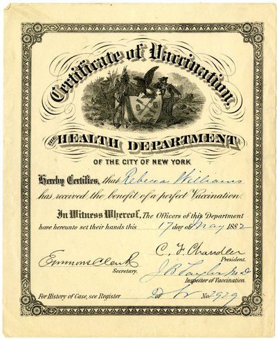 Aşı Sertifikası, New York Şehri Sağlık Departmanı..., 1882 (mürekkeple doldurulmuş gravür [sertifika]) by American School