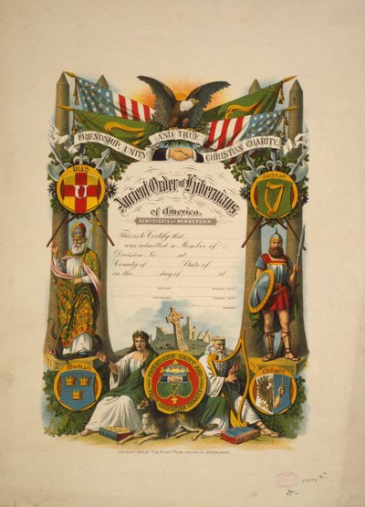 Amerika Hibernians Antik Düzeni üyelik sertifikası, c.1894 (renkli litografi) by American School