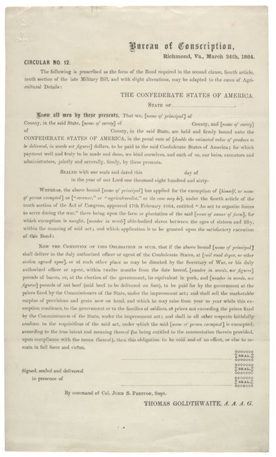 Daire numarası 12, Konfederasyon Ordusunda hizmetten muafiyet için boş bir başvuru, 24 Mart 1864 by American School
