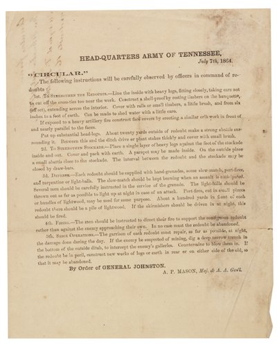 Tennessee Ordusu tarafından kullanılan tabyaların inşası ve güçlendirilmesine ilişkin genelge, 7 Temmuz 1864 by American School