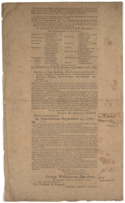 Anayasa, ilk baskı, Dunlap & Claypoole tarafından basılmıştır, 17-19 Eylül 1787 (ayrıca bkz. GLC 695933, GLC 695934 & GLC 695935) by American School
