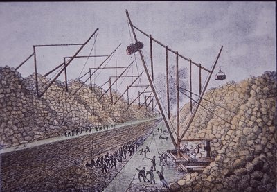 Lockport, Erie Canal (renkli gravür) yakınlarındaki inşaat bumbaları by American School