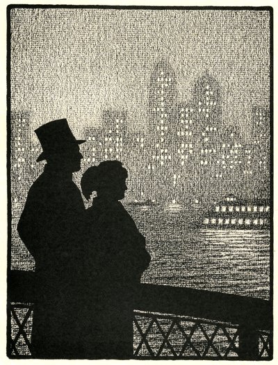 Çift Manhattan siluetine bakıyor by American School