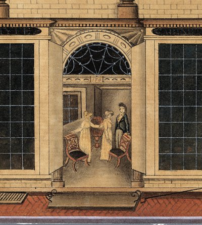 New York City'deki Fulton Caddesi'ndeki Duncan Phyfe Dükkanı ve Deposu'nun Detayı, 1817-1820 dolayları (beyaz serilmiş kağıt üzerine suluboya, mürekkep ve guaj boya) by American School