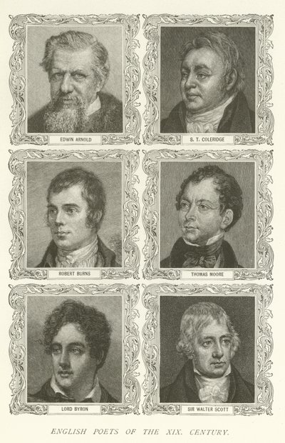 19. Yüzyılın İngiliz Şairleri, Edwin Arnold, ST Coleridge, Robert Burns, Thomas Moore, Lord Byron, Sir Walter Scott by American School