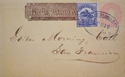Wells Fargo Pony Express damgası iliştirilmiş zarf (kağıt üzerinde kalem ve mürekkep) by American School