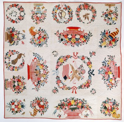 Bayrak ve Çiçek yorgan, c.1860 (pamuk) by American School