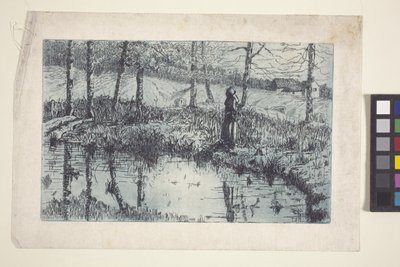 Girl By Pond (mavi baskılı gravür ve plaka tonu) by American School
