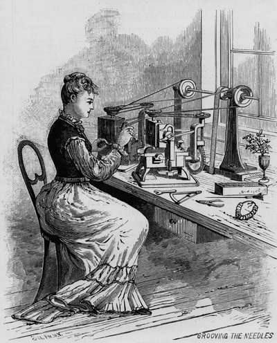 İğnelere Kanal Açma, Scientific American dergisinden dikiş makinesi üretimini gösteren çizim, 1879 by American School