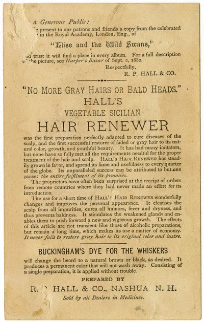 Salonlar Bitkisel Sicilya Saç Yenileyici, Gri Saçları eski rengine kavuşturur ve kelliği önler. Verso, (litografi [ticari kart]) by American School