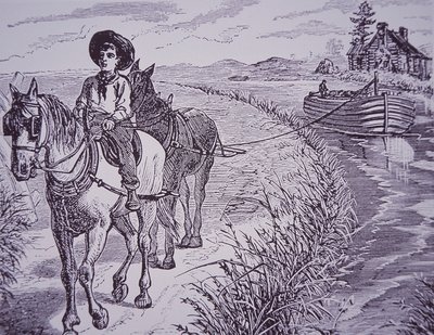 Çekme yolunda kanal teknesini çeken atlar, Erie Kanalı (gravür) by American School