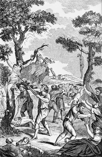Kadınların ve çocukların öldürüldüğünü gösteren bir Katolik karşıtı broşürden illüstrasyon by American School