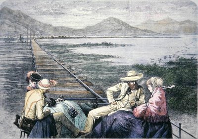 Pasifik Demiryolundaki muayene arabası, 1870 dolayları (renkli gravür) by American School