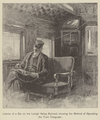 Tren Telgrafını Çalıştırma Yöntemini gösteren Lehigh Valley Demiryolundaki Bir Arabanın İçi (gravür) by American School