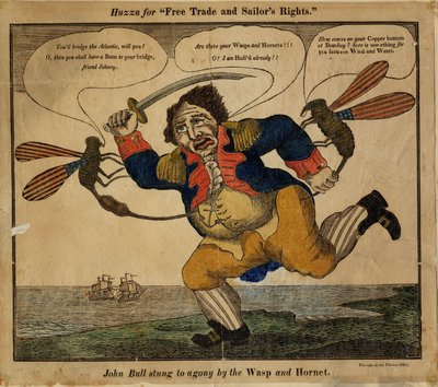 John Bull, Wasp ve Hornet tarafından acıya sokuldu, 1813 (el renginde kabartma kesim) by American School