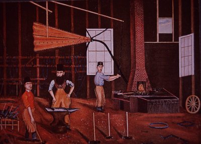 John Mohler Studebaker (ortada), atölyede Alman-Amerikan vagon üreticisi, c.1858 (renkli taş) by American School